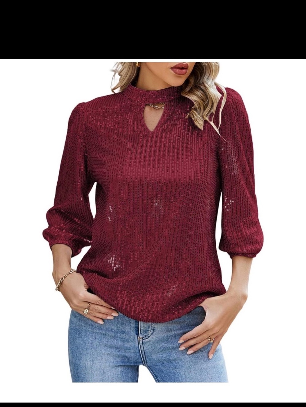 Women's Burgundy Sequin Keyhole Mock-Neck Blouse